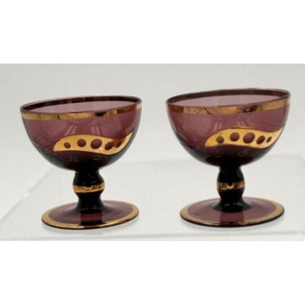 Vintage Amethyst Glass Cordial Glasses Gold Band Cutout Design Set of 2